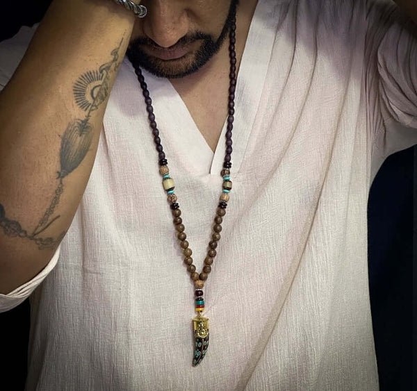 बोहेमियन लकड़ी गणेश - पुरुषों और लड़कों के लिए गणेश लटकन लंबे हार के साथ हस्तनिर्मित लकड़ी के मोती का हार (36 इंच)