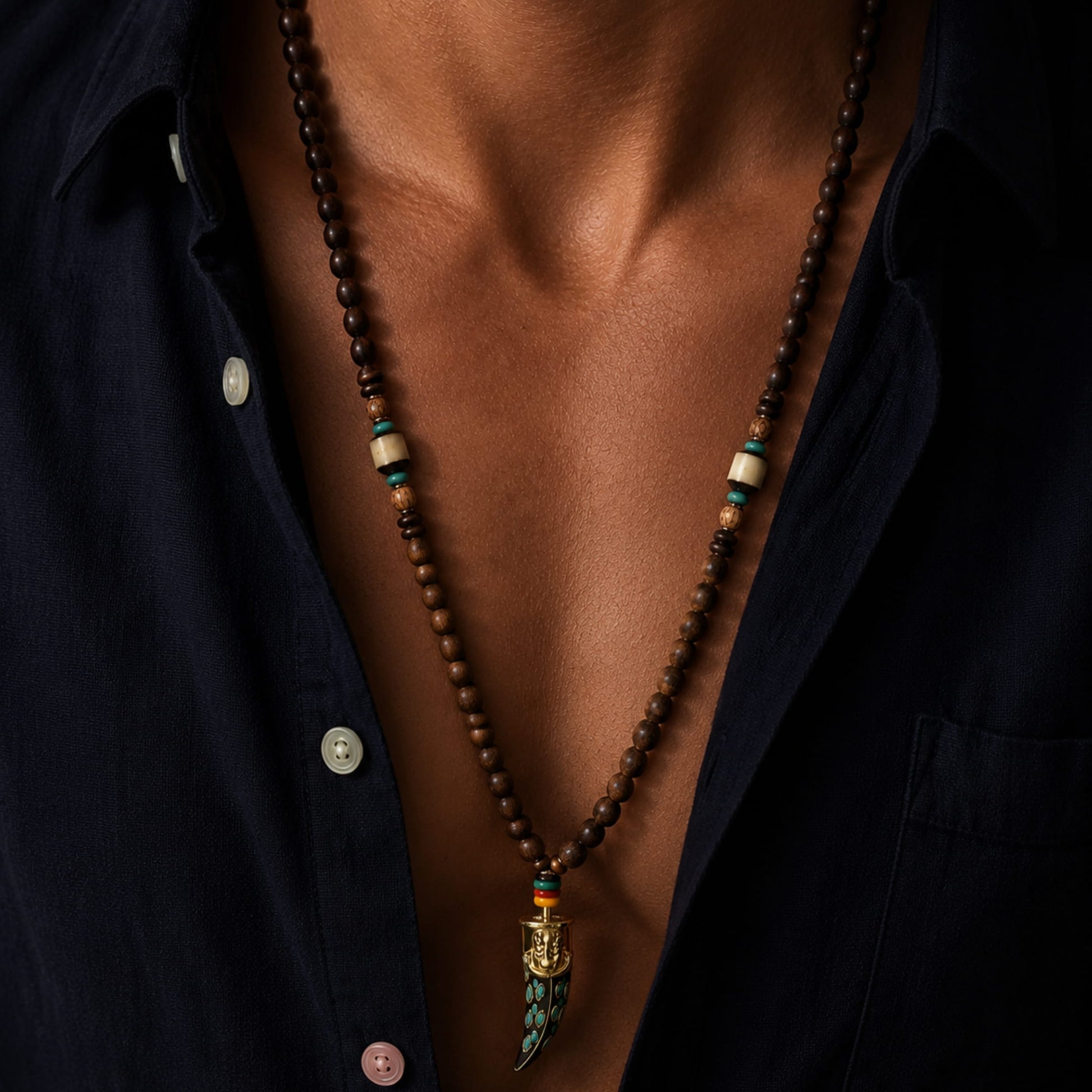 THE MEN THING Pearl / Bead Necklace BOHEMIAN WOOD GANESHA - Handmade Wood Beads Necklace with Ganesh Pendant Long Necklace for Men & Boys (36 Inch)