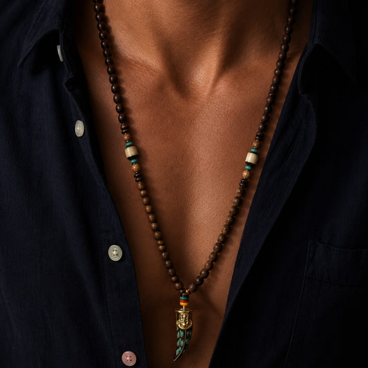 THE MEN THING Pearl / Bead Necklace BOHEMIAN WOOD GANESHA - Handmade Wood Beads Necklace with Ganesh Pendant Long Necklace for Men & Boys (36 Inch)