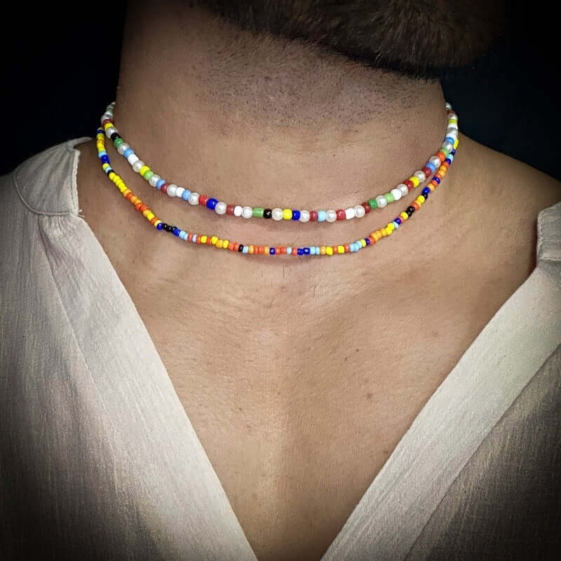 THE MEN THING Pearl / Bead Necklace BOHO STYLE COLOUR - Multi-Layer Beads Necklace for Men & Boys (20 inch)