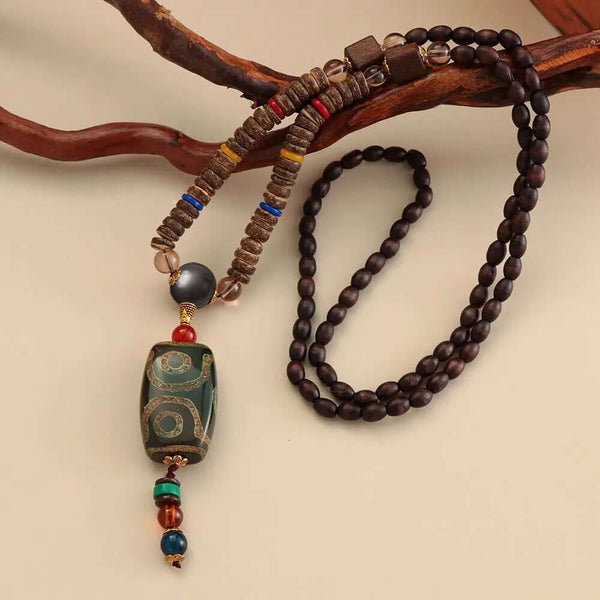 बौद्ध माला - लकड़ी मनका हार - हरा सुलेमानी बड़ा Dzi पेंडेंट और हार जातीय लंबा हार पुरुषों और लड़कों के लिए (36 इंच)