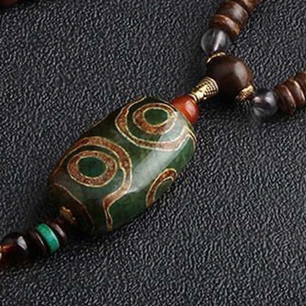 बौद्ध माला - लकड़ी मनका हार - हरा सुलेमानी बड़ा Dzi पेंडेंट और हार जातीय लंबा हार पुरुषों और लड़कों के लिए (36 इंच)