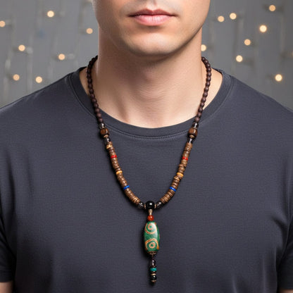 THE MEN THING Pearl / Bead Necklace BUDDHIST MALA - Wood Bead Necklace -  Green Agate Large Dzi Pendant & Necklace Ethnic Long necklace for Men & Boys  (36 Inch)