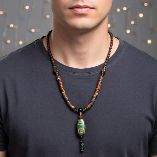 THE MEN THING Pearl / Bead Necklace BUDDHIST MALA - Wood Bead Necklace -  Green Agate Large Dzi Pendant & Necklace Ethnic Long necklace for Men & Boys  (36 Inch)