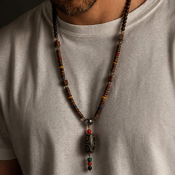 BUDDHIST MALA - Wood Bead Necklace -  Green Agate Large Dzi Pendant & Necklace Ethnic Long necklace for Men & Boys  (36 Inch)