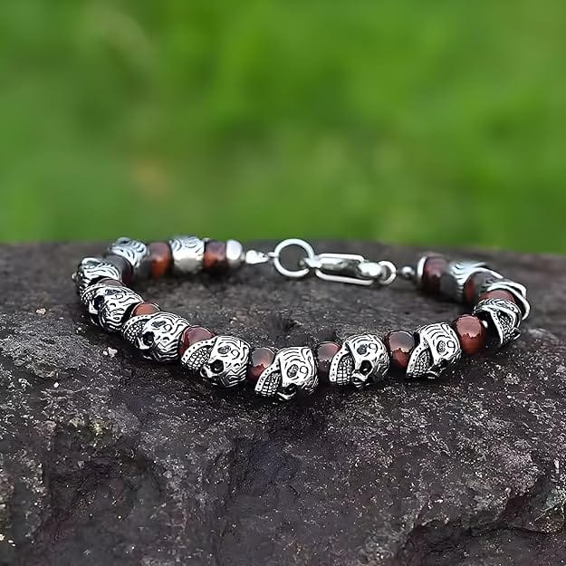 THE MEN THING Pearl / Bead Necklace COMBO — GOTHIC SKULL - Onyx Beads Necklace & GRIM SKULL - Red Tiger Eye Stainless Steel Bracelet