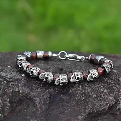 THE MEN THING Pearl / Bead Necklace COMBO — GOTHIC SKULL - Onyx Beads Necklace & GRIM SKULL - Red Tiger Eye Stainless Steel Bracelet
