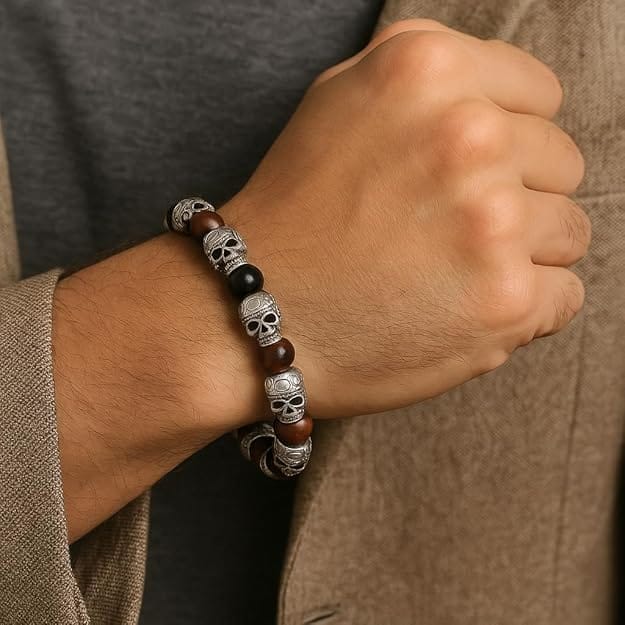 THE MEN THING Pearl / Bead Necklace COMBO — GOTHIC SKULL - Onyx Beads Necklace & GRIM SKULL - Red Tiger Eye Stainless Steel Bracelet