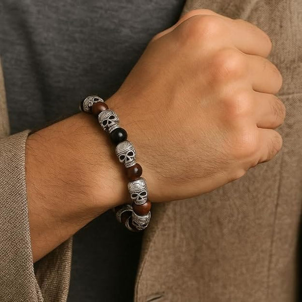 COMBO — GOTHIC SKULL - Onyx Beads Necklace & GRIM SKULL - Red Tiger Eye Stainless Steel Bracelet