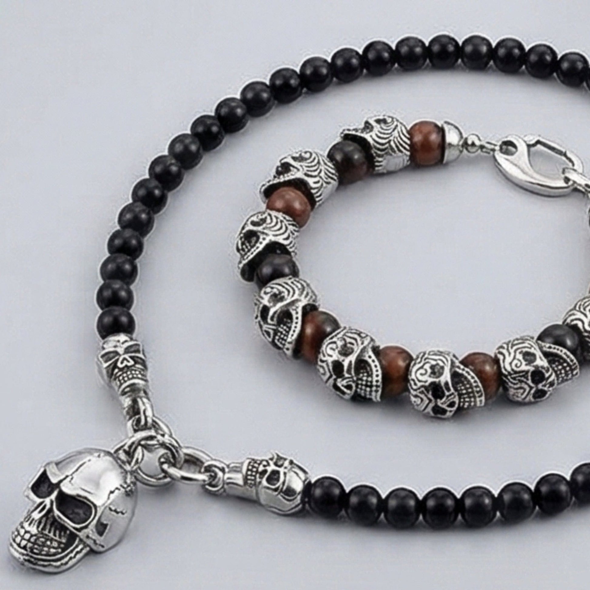 THE MEN THING Pearl / Bead Necklace COMBO — GOTHIC SKULL - Onyx Beads Necklace & GRIM SKULL - Red Tiger Eye Stainless Steel Bracelet