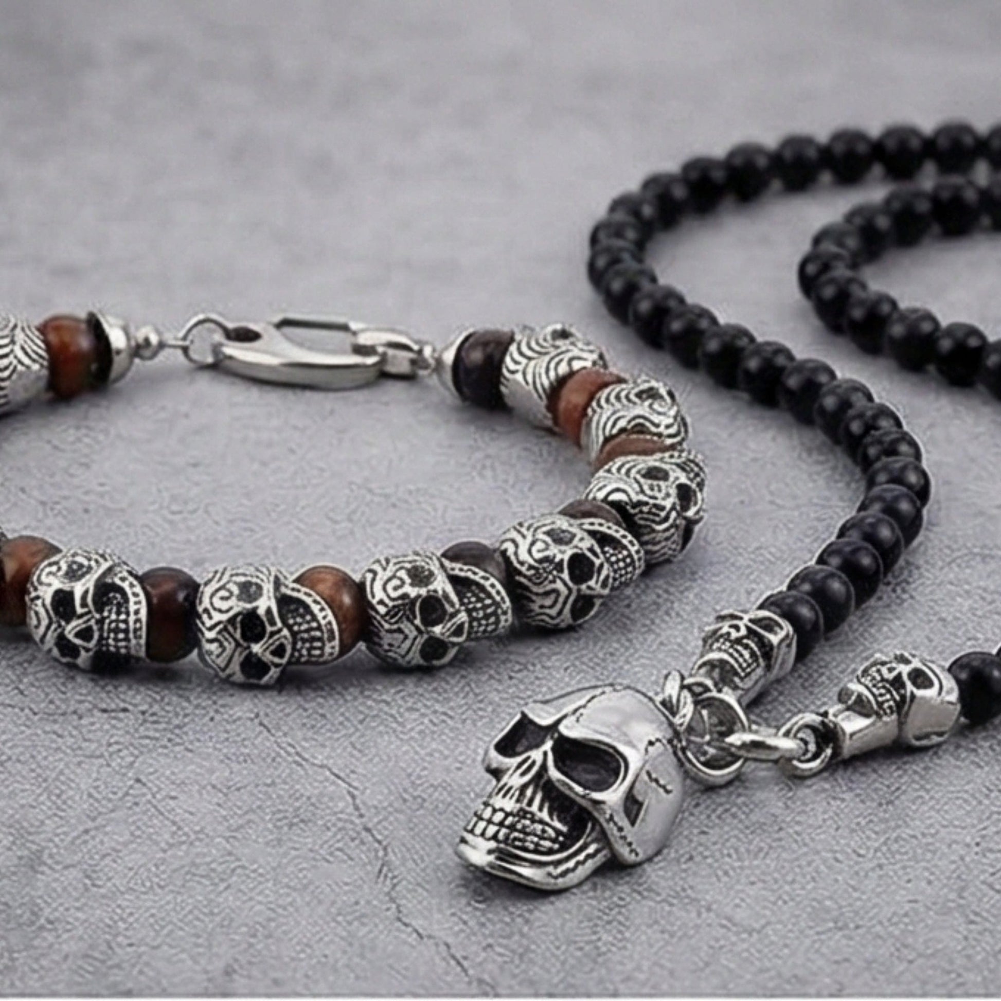 THE MEN THING Pearl / Bead Necklace COMBO — GOTHIC SKULL - Onyx Beads Necklace & GRIM SKULL - Red Tiger Eye Stainless Steel Bracelet