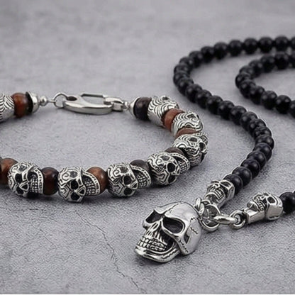 THE MEN THING Pearl / Bead Necklace COMBO — GOTHIC SKULL - Onyx Beads Necklace & GRIM SKULL - Red Tiger Eye Stainless Steel Bracelet