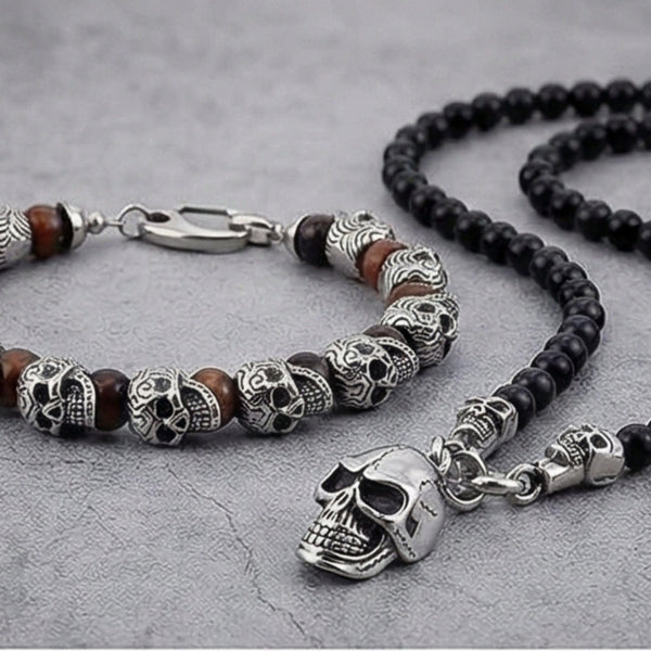 COMBO — GOTHIC SKULL - Onyx Beads Necklace & GRIM SKULL - Red Tiger Eye Stainless Steel Bracelet