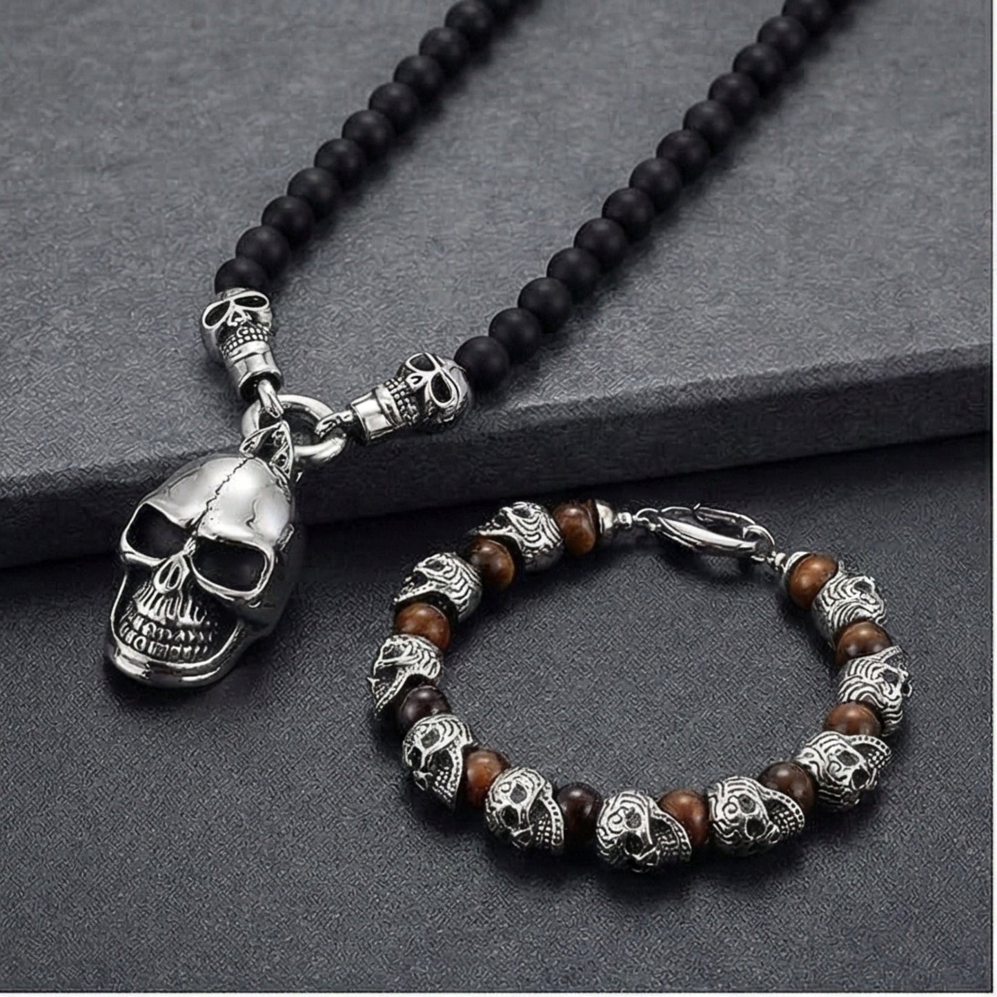 THE MEN THING Pearl / Bead Necklace COMBO — GOTHIC SKULL - Onyx Beads Necklace & GRIM SKULL - Red Tiger Eye Stainless Steel Bracelet