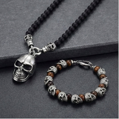 THE MEN THING Pearl / Bead Necklace COMBO — GOTHIC SKULL - Onyx Beads Necklace & GRIM SKULL - Red Tiger Eye Stainless Steel Bracelet