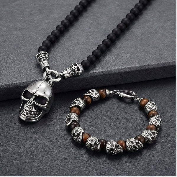 COMBO — GOTHIC SKULL - Onyx Beads Necklace & GRIM SKULL - Red Tiger Eye Stainless Steel Bracelet