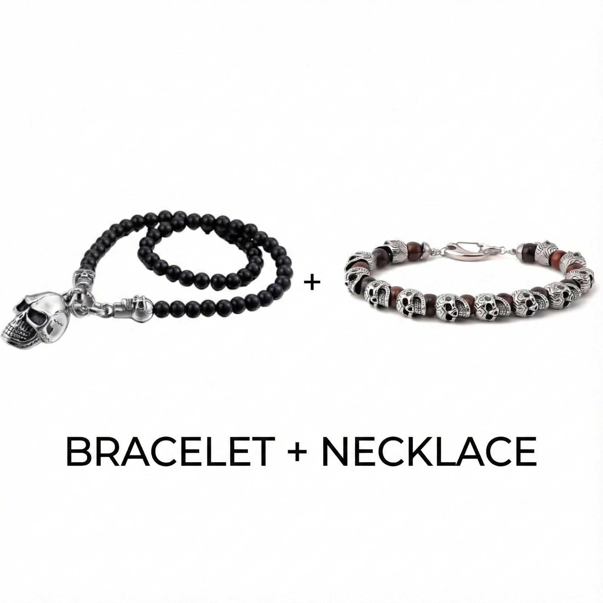 THE MEN THING Pearl / Bead Necklace COMBO — GOTHIC SKULL - Onyx Beads Necklace & GRIM SKULL - Red Tiger Eye Stainless Steel Bracelet