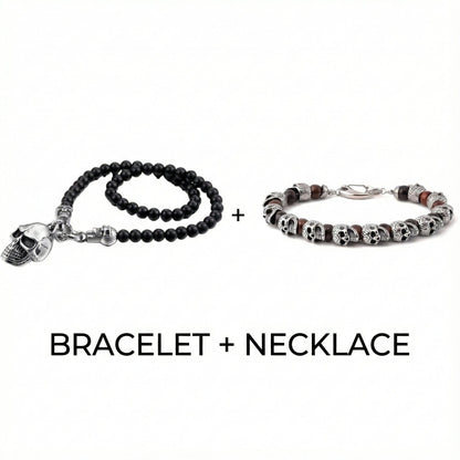 THE MEN THING Pearl / Bead Necklace COMBO — GOTHIC SKULL - Onyx Beads Necklace & GRIM SKULL - Red Tiger Eye Stainless Steel Bracelet