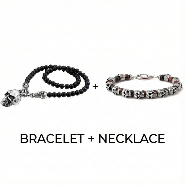 COMBO — GOTHIC SKULL - Onyx Beads Necklace & GRIM SKULL - Red Tiger Eye Stainless Steel Bracelet
