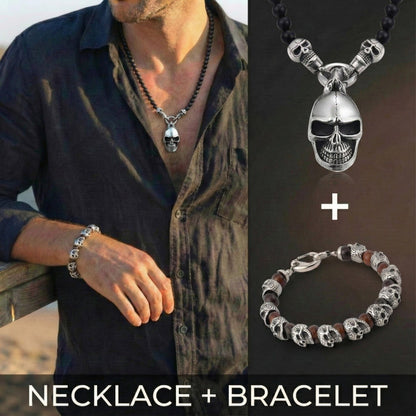 THE MEN THING Pearl / Bead Necklace COMBO — GOTHIC SKULL - Onyx Beads Necklace & GRIM SKULL - Red Tiger Eye Stainless Steel Bracelet