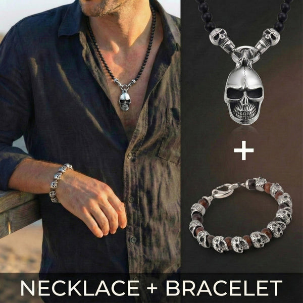 COMBO — GOTHIC SKULL - Onyx Beads Necklace & GRIM SKULL - Red Tiger Eye Stainless Steel Bracelet