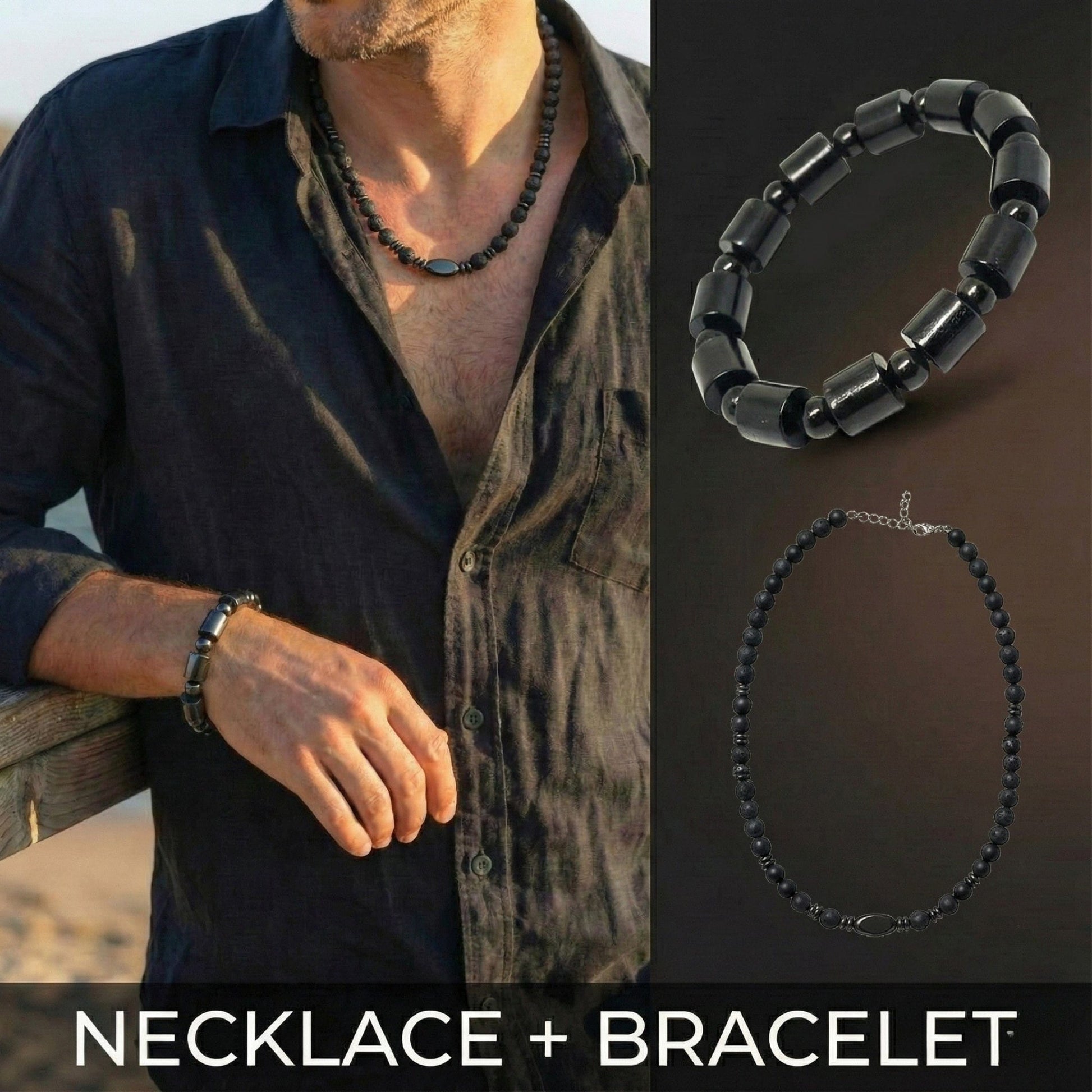 THE MEN THING Pearl / Bead Necklace COMBO — NOIR VAULT Wooden Beads Bracelet × FENRIK Beads Necklace