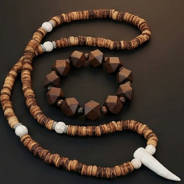 COMBO — SOLBARK Wooden Beads Bracelet × Tribal Tooth Pendant Necklace