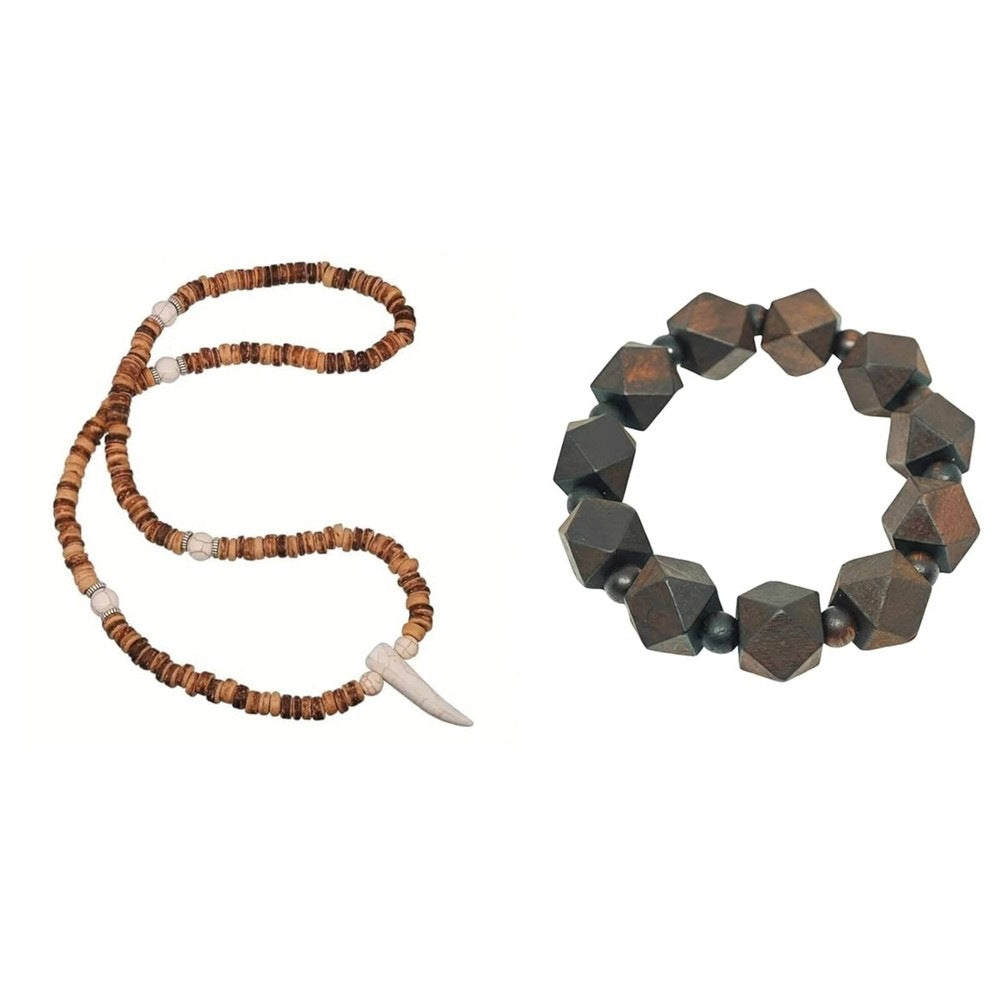 THE MEN THING Pearl / Bead Necklace COMBO — SOLBARK Wooden Beads Bracelet × Tribal Tooth Pendant Necklace