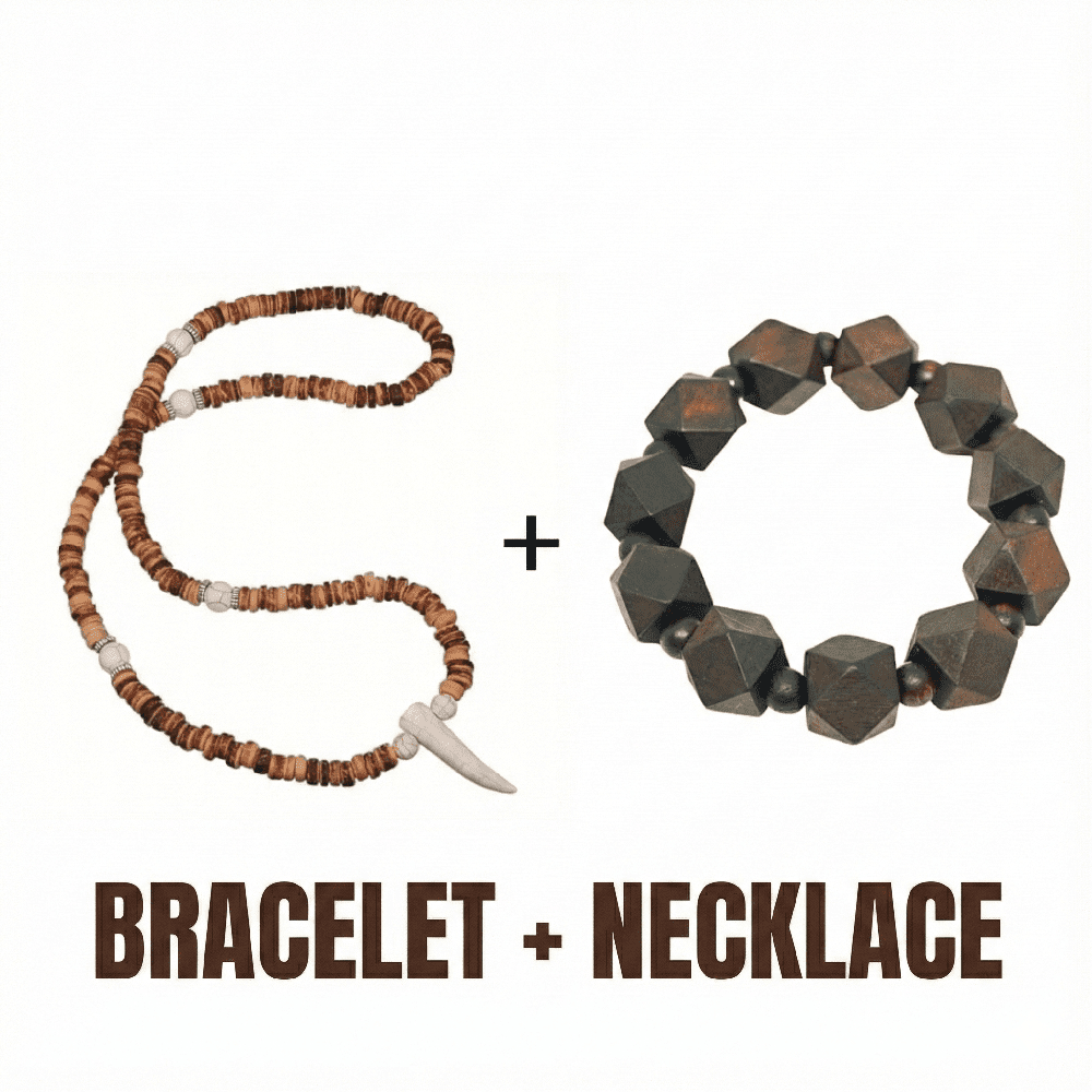 THE MEN THING Pearl / Bead Necklace COMBO — SOLBARK Wooden Beads Bracelet × Tribal Tooth Pendant Necklace