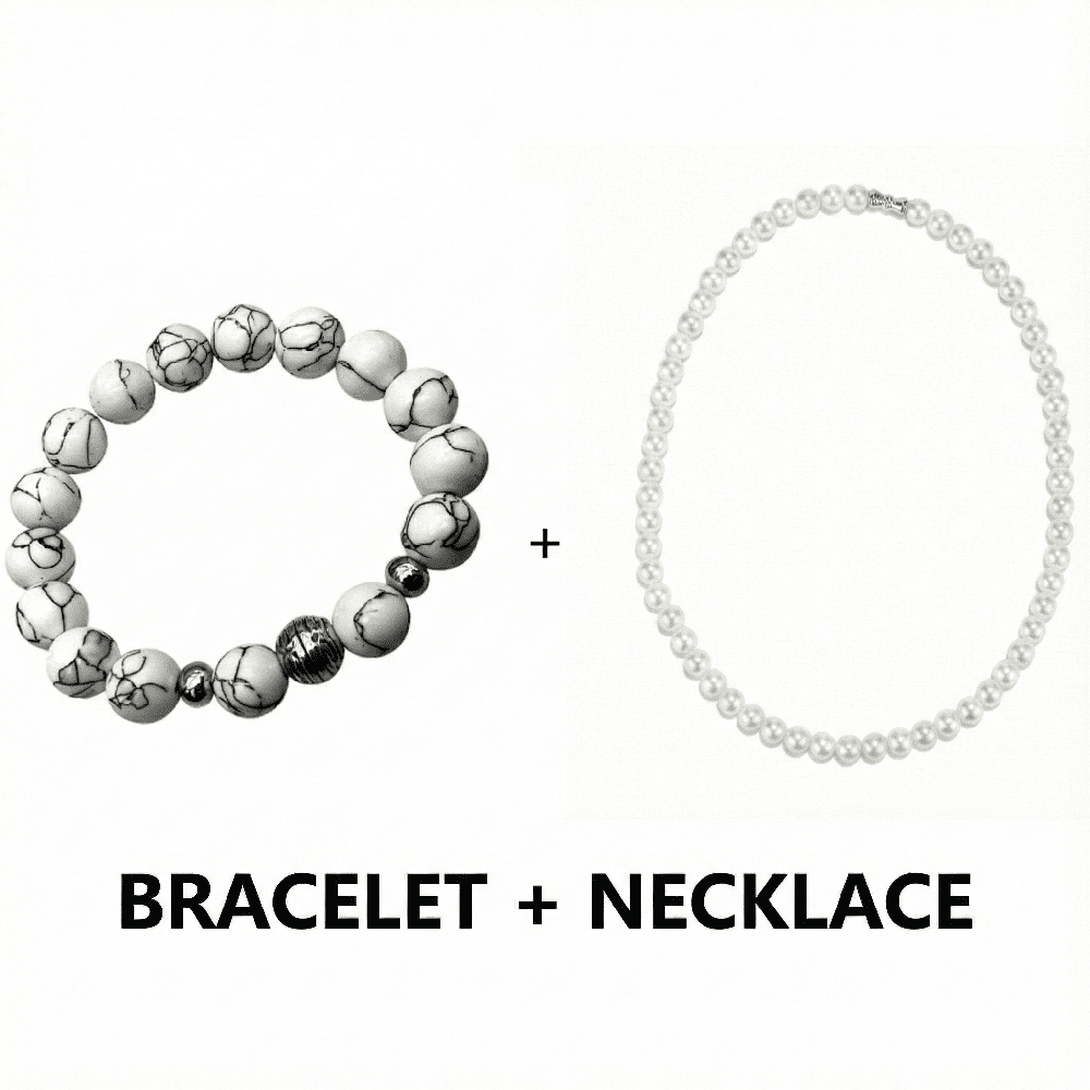 THE MEN THING Pearl / Bead Necklace COMBO — White Aura Pearl Necklace & Howlite Beads Bracelet