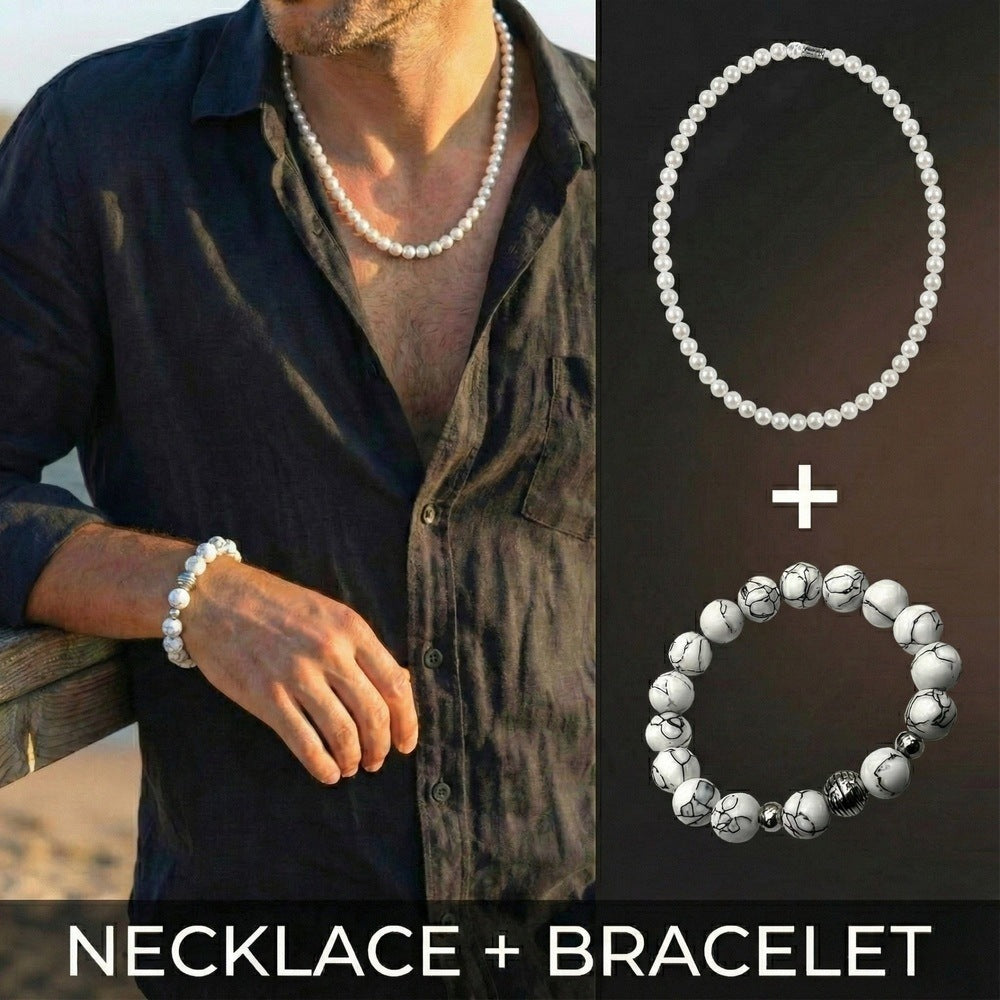 THE MEN THING Pearl / Bead Necklace COMBO — White Aura Pearl Necklace & Howlite Beads Bracelet