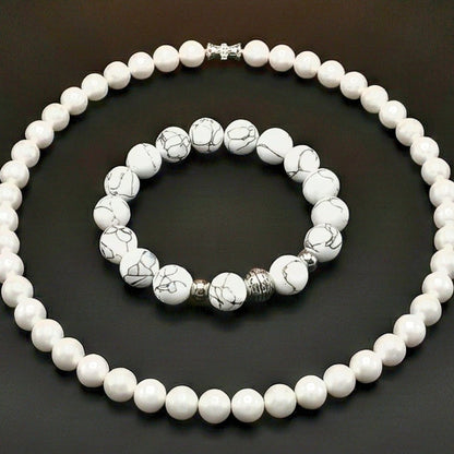 THE MEN THING Pearl / Bead Necklace COMBO — White Aura Pearl Necklace & Howlite Beads Bracelet