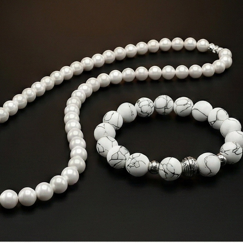 THE MEN THING Pearl / Bead Necklace COMBO — White Aura Pearl Necklace & Howlite Beads Bracelet