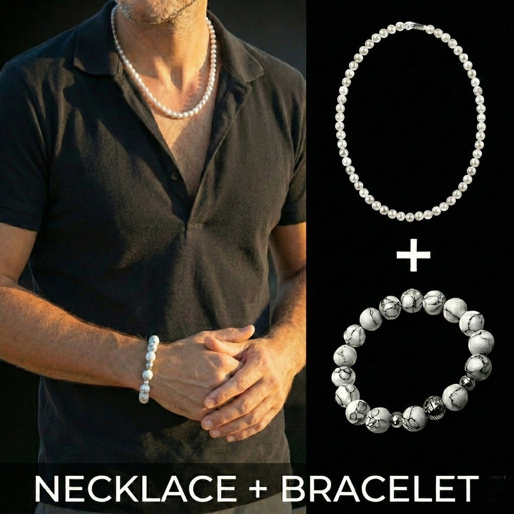 THE MEN THING Pearl / Bead Necklace COMBO — White Aura Pearl Necklace & Howlite Beads Bracelet