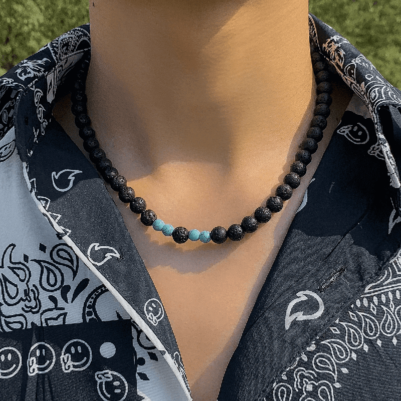 COOL FAB LAGOON Natural Black Lava Stone with Blue Pearl Necklace Mens Boys (21 inch with adjustable cable chain)