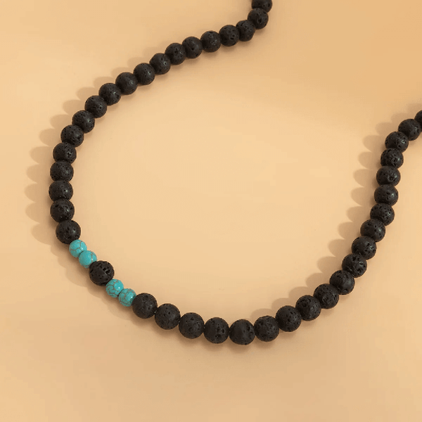 कूल फैब लैगून - प्राकृतिक काला लावा स्टोन नीले मोती के हार के साथ पुरुषों और लड़कों के लिए (एडजस्टेबल केबल चेन के साथ 21 इंच)