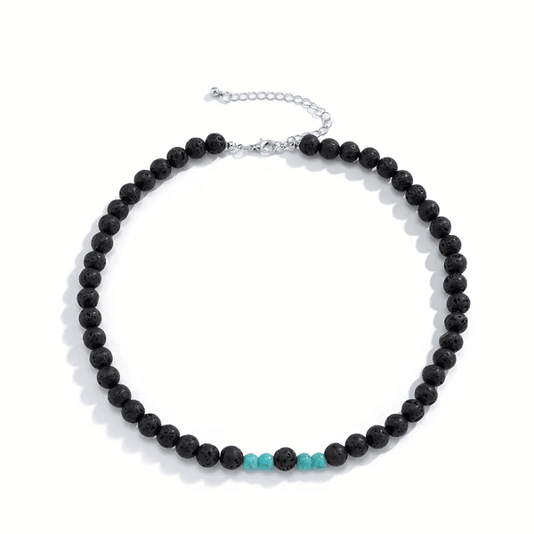 कूल फैब लैगून - प्राकृतिक काला लावा स्टोन नीले मोती के हार के साथ पुरुषों और लड़कों के लिए (एडजस्टेबल केबल चेन के साथ 21 इंच)