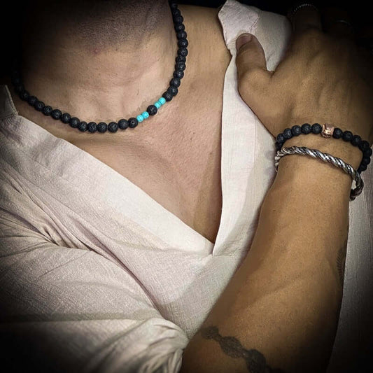 THE MEN THING Pearl / Bead Necklace COOL FAB LAGOON -  Natural Black Lava Stone with Blue Pearl Necklace Mens & Boys (21 inch with adjustable cable chain)