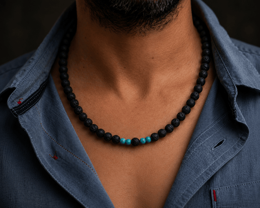 THE MEN THING Pearl / Bead Necklace COOL FAB LAGOON -  Natural Black Lava Stone with Blue Pearl Necklace Mens & Boys (21 inch with adjustable cable chain)
