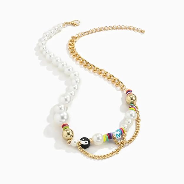 THE MEN THING Pearl / Bead Necklace DARE TO WEAR PEARL -  Pearl Necklace for Men - Half Pearl Half Gold Toned Chain Necklace for Mens & Boys (21 inch with adjustable cable chain)