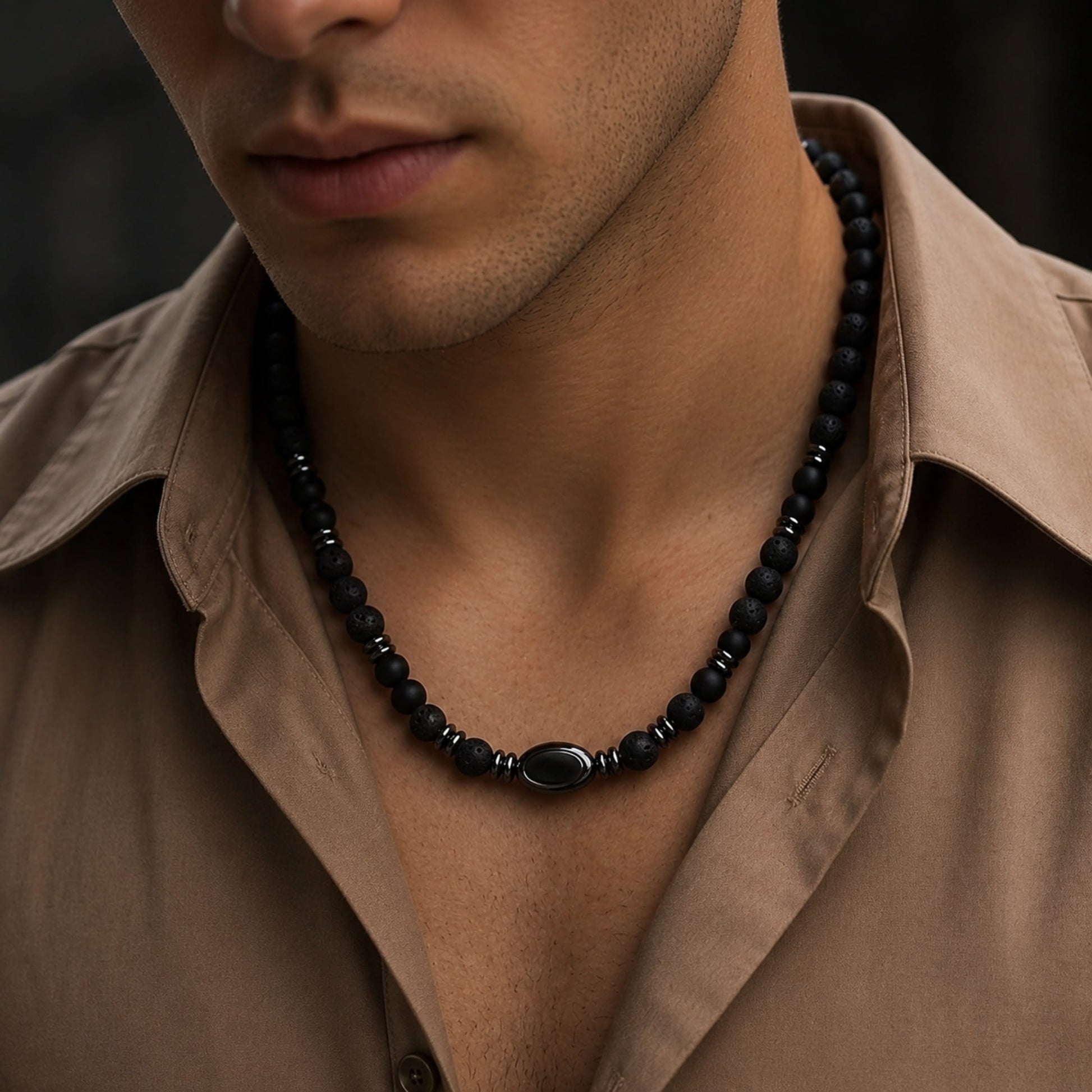 THE MEN THING Pearl / Bead Necklace FENRIK - 8mm Beads Necklace with Natural Stone Mens & Boys (19-21 inch with adjustable cable chain)