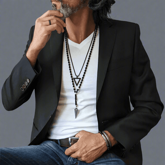 THE MEN THING Pearl / Bead Necklace FLETCH ARROW BLACK - "6"mm Black Matte Onyx Round Beads Arrow Necklace for Men and Boys (36 inch )