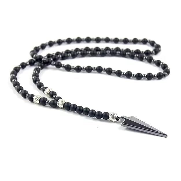 THE MEN THING Pearl / Bead Necklace FLETCH ARROW BLACK - "6"mm Black Matte Onyx Round Beads Arrow Necklace for Men and Boys (36 inch )