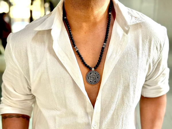 HEXAGRAM - 8mm Black Natural Onyx Beads Necklace for Men & Boys (24 inch)