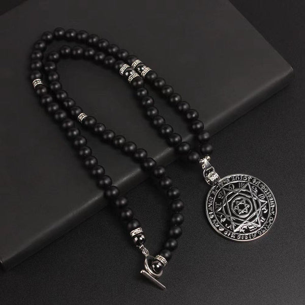 HEXAGRAM - 8mm Black Natural Onyx Beads Necklace for Men & Boys (24 inch)