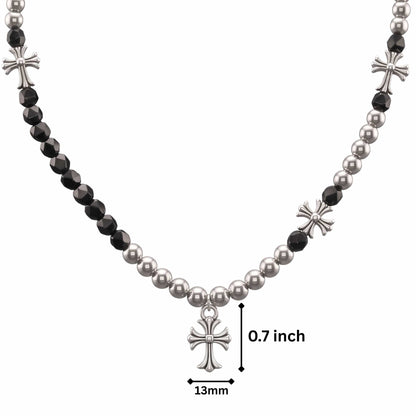 THE MEN THING Pearl / Bead Necklace IRON NOIR CROSS - 13mm Titanium Steel Pendant with Stylish Pearl Necklace 18 to 20inch 7mm Adjustable Cable Chain for Men & Boys