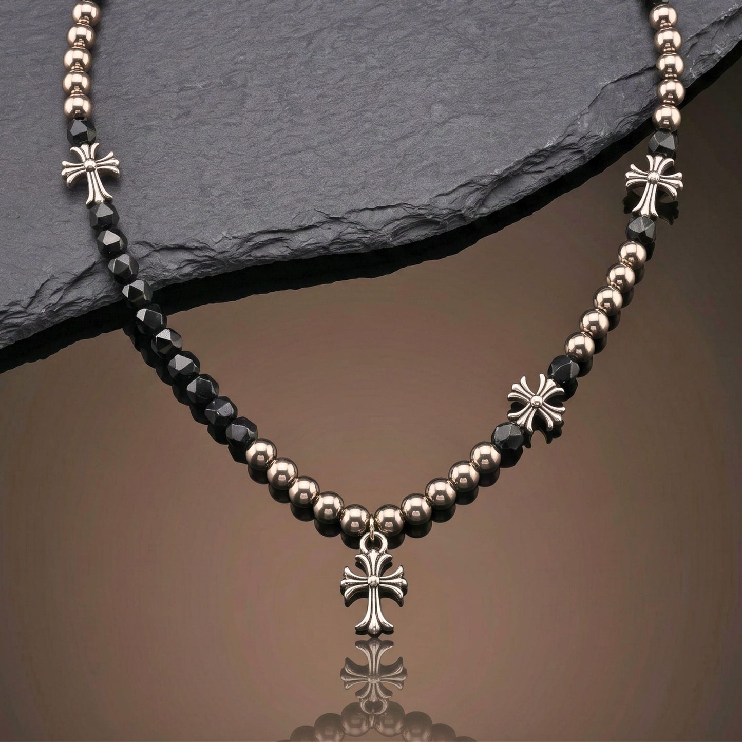 titanium steel cross necklace for men featuring a stylish design with black beads and silver accents.