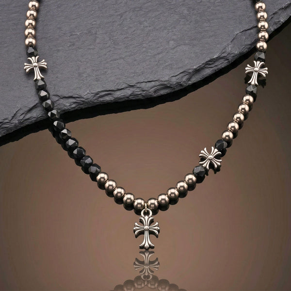 IRON NOIR CROSS - 13mm Titanium Steel Pendant with Stylish Pearl Necklace 18 to 20inch 7mm Adjustable Cable Chain for Men & Boys