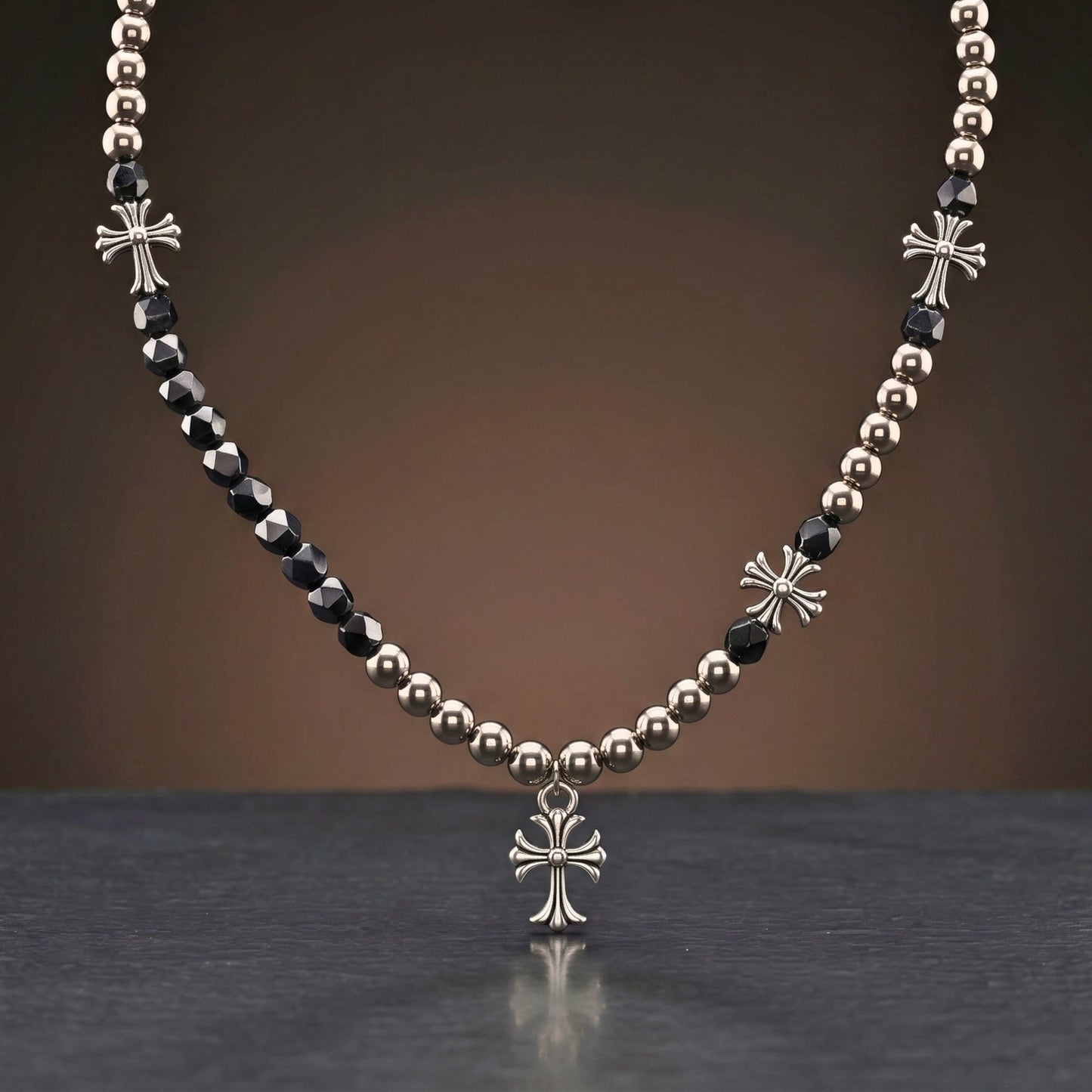 IRON NOIR CROSS - titanium steel cross necklace for men with stylish beads and adjustable chain.