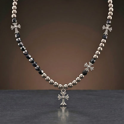 IRON NOIR CROSS - titanium steel cross necklace for men with stylish beads and adjustable chain.